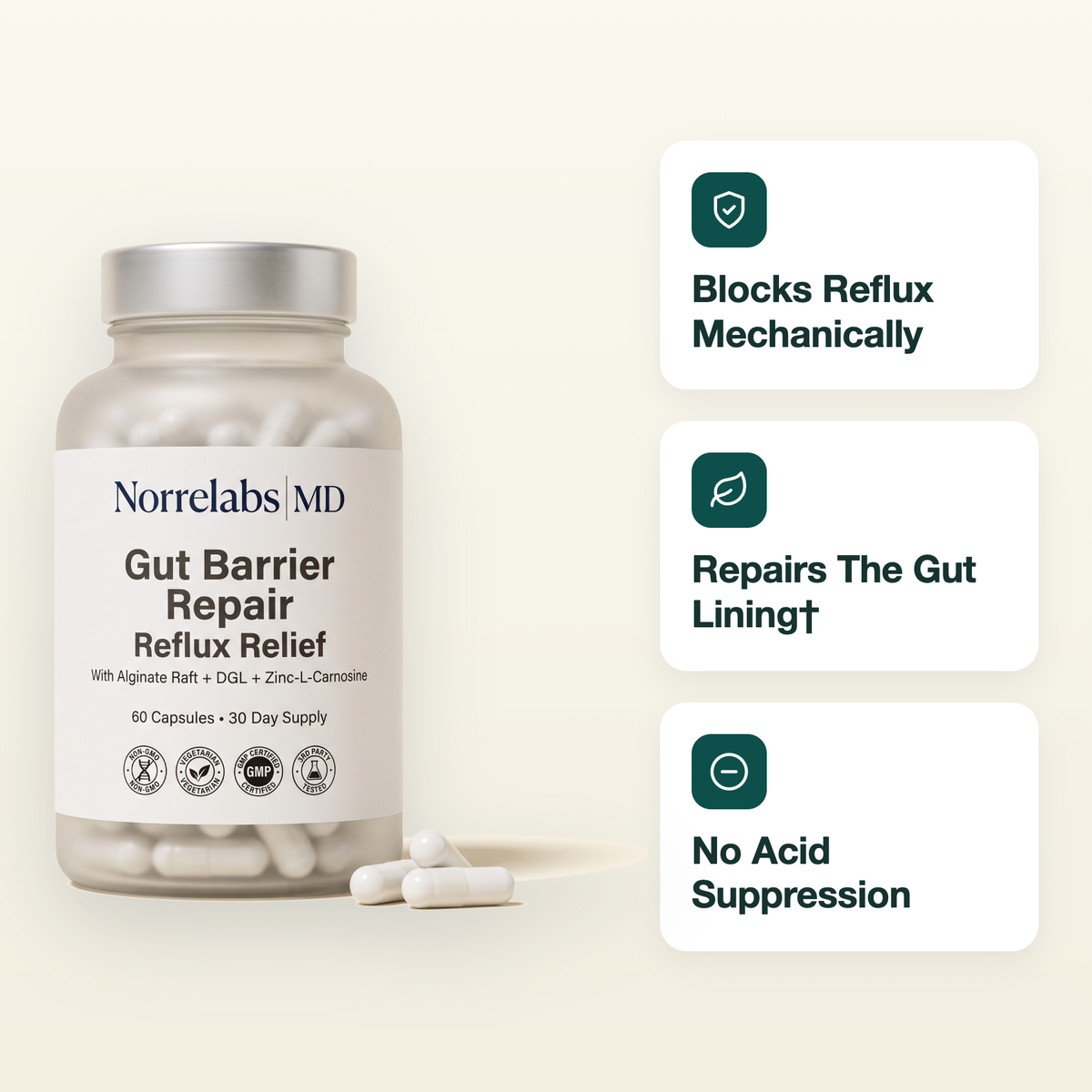 Norrelabs MD Gut Barrier Repair bottle with key benefits