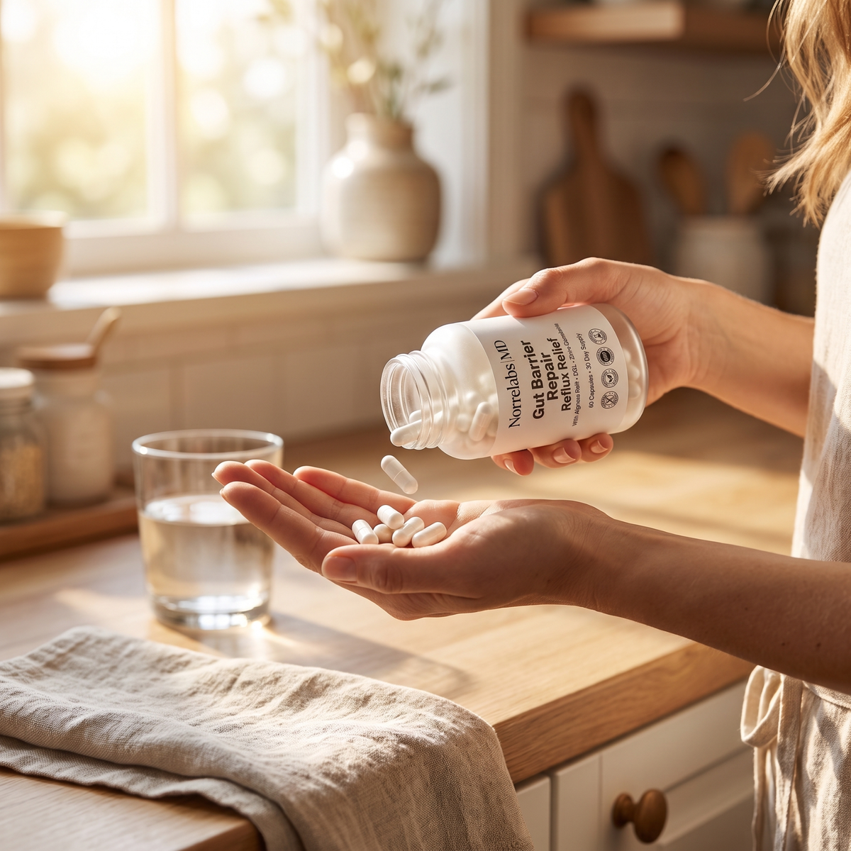Woman taking Gut Barrier Repair capsules